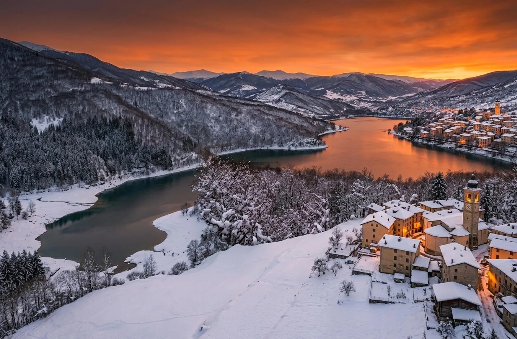 Borgo innevato sul lago in Alto Sangro