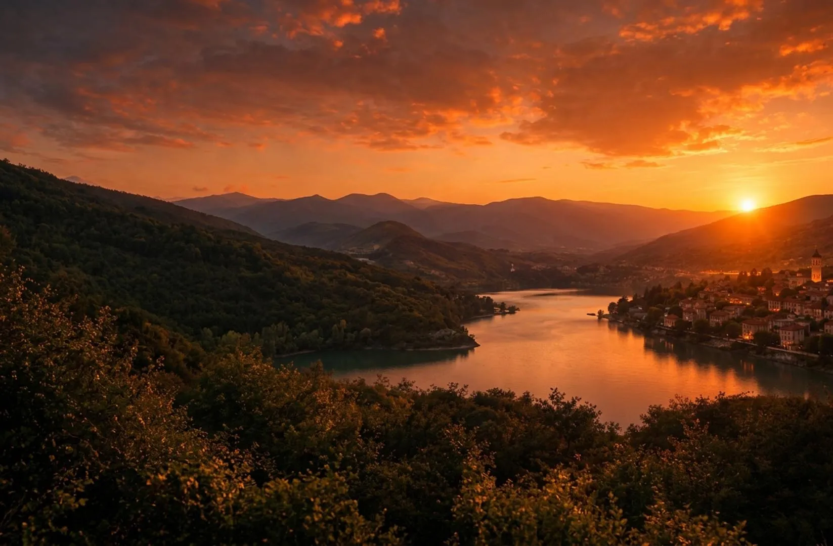 Tramonto su un lago tra le montagne dell'Alto Sangro